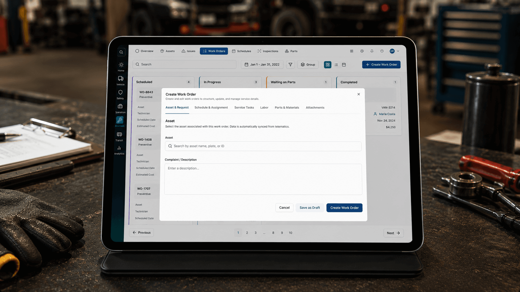 Work Orders on tablet in garage